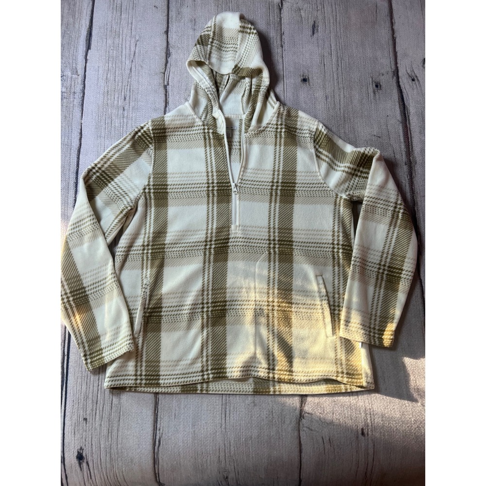 O'Neill Plaid Fleece‎ Quarter Zip Hoodie Mens Large Cream Olive Pullover